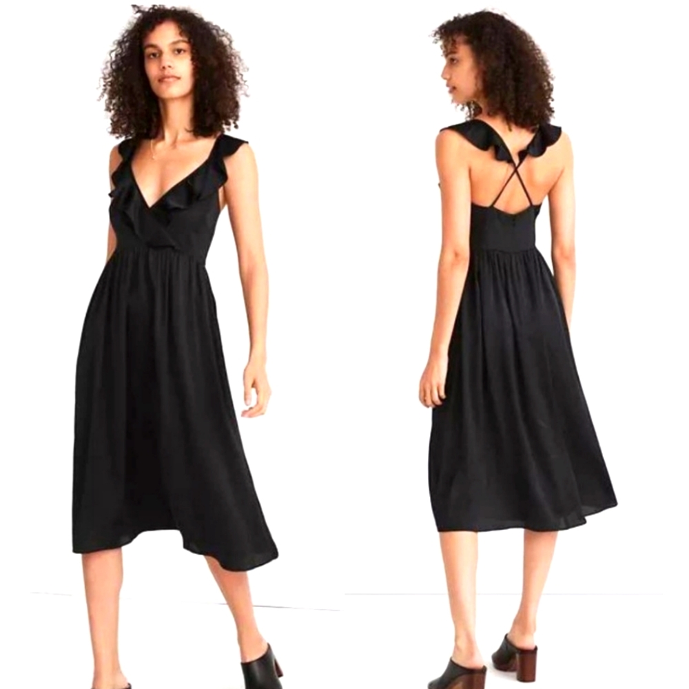 NWT Madewell Black Ruffle Cross Back Midi Dress, Size XS